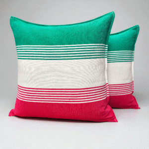 Par de Fundas Artesanales para Cojín – 50 × 50 cm, Verde, Natural y Rojo (Mexicano tricolor flecha)