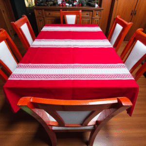 Mantel Artesanal Oaxaqueño Todo  Rojo Detalles en Natural de 4/6/8/10 Sillas – Hecho en Oaxaca