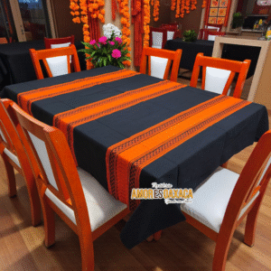 Mantel Artesanal Oaxaqueño Todo Negro  Detalles en Naranja de 4/6/8/10 Sillas – Hecho en Oaxaca