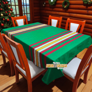 Mantel Artesanal Oaxaqueño Verde Bandera detalles Rojo, Natural y Amarillo 4/6/8/10 Sillas – Hecho en Oaxaca