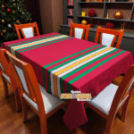 Mantel Artesanal Oaxaqueño Todo  Rojo detalles Verde Bandera y Natural y Amarillo4/6/8/10 Sillas – Hecho en Oaxaca