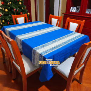 Mantel Artesanal Oaxaqueño Todo Azul Rey Detalles en Natural de 4/6/8/10 Sillas – Hecho en Oaxaca