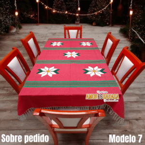 Mantel Artesanal Oaxaqueño Navideño – Todo Rojo con Detalles en Verde Bandera y 5 Flores de Nochebuena Blanca – 4/6/8/10 Sillas – Hecho en Oaxaca (Modelo 7)
