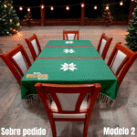 Mantel Artesanal Oaxaqueño Navideño Todo Verde Bandera ( 3 NOCHEBUENA BLANCO) de 4/6/8/10 Sillas – Hecho en Oaxaca (Modelo 2)