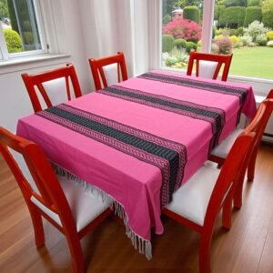 Mantel Artesanal Oaxaqueño Todo  Rosa Detalles en Negro  de 4/6/8/10 Sillas – Hecho en Oaxaca