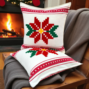 Fundas Artesanales Navideño para Cojín – 50 × 50 cm, Natural con detalles en Rojo - Hecho en Oaxaca