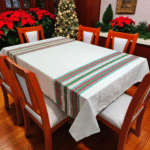 Mantel Artesanal Oaxaqueño Todo Natural detalles Verde Bandera, Rojo De Rayitas  4/6/8/10 Sillas – Hecho en Oaxaca