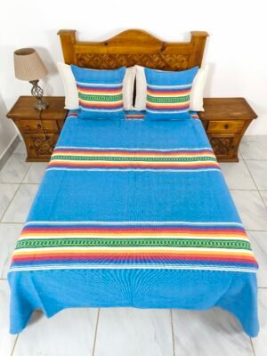 Juego de Colcha Artesanal con Cojines y Fundas – Algodón Todo Turquesa Cabecera de Colores
